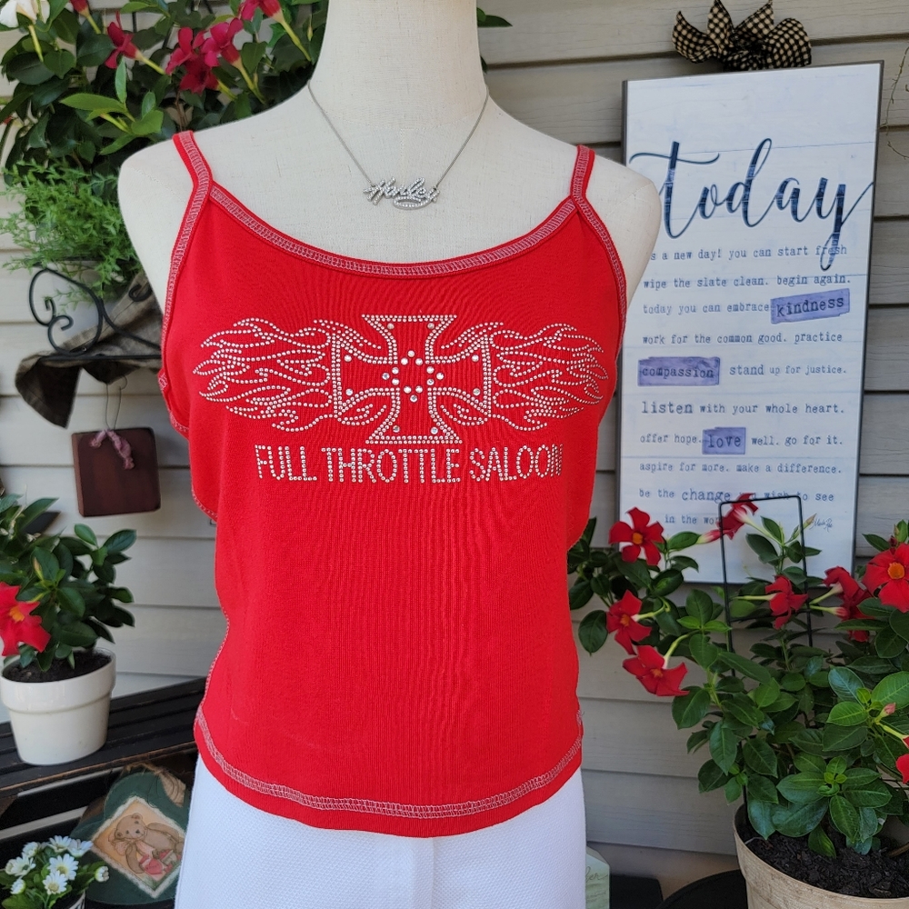 V-TWIN ♡ Red|Silver Mini Studded Embellished Bling FULL THROTTLE SALOON Tank L
